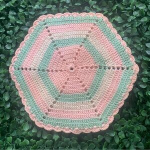 Antique pastel pink teal & white hexagon knit crochet cotton pot holder